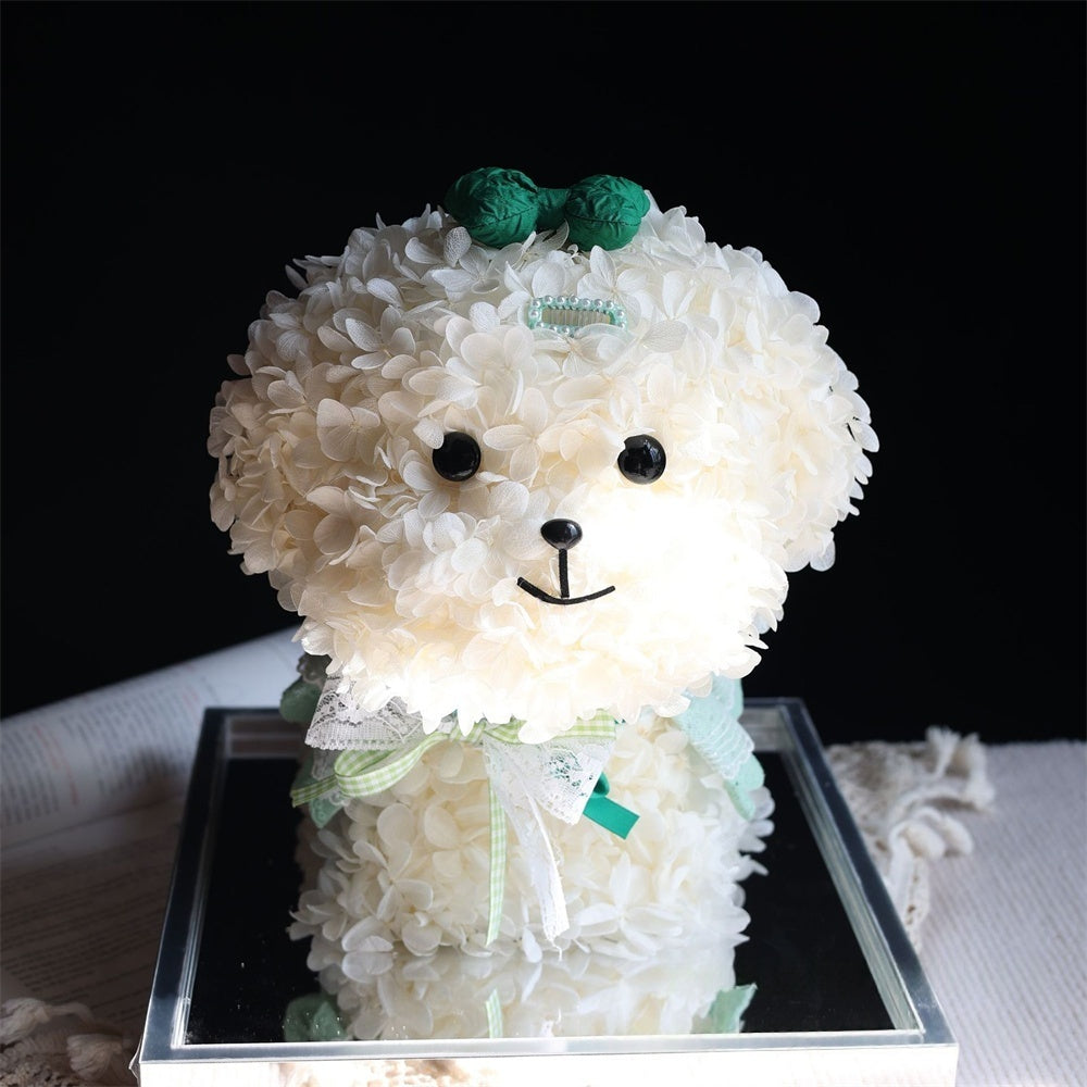 Preserved Flower Puppy – Handmade Eternal Hydrangea Dog in Gift Display Box