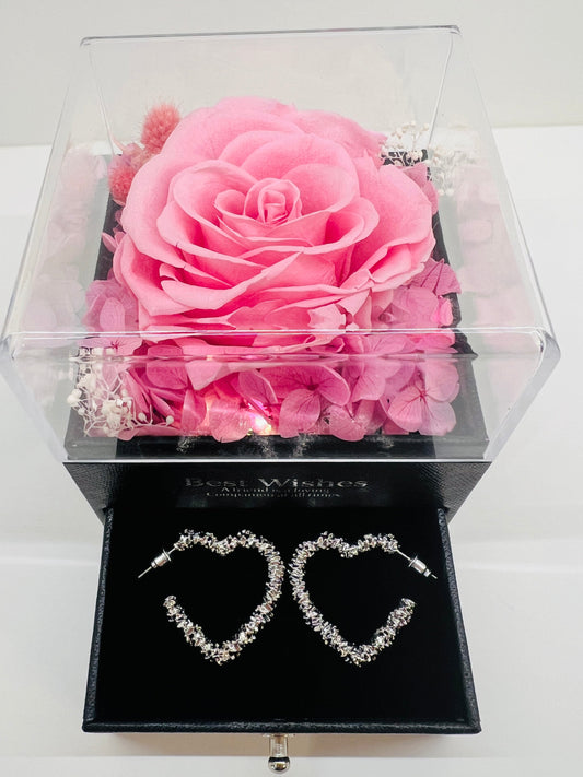 Eternal Love Preserved Rose Jewelry Box with Heart Alloy Earrings