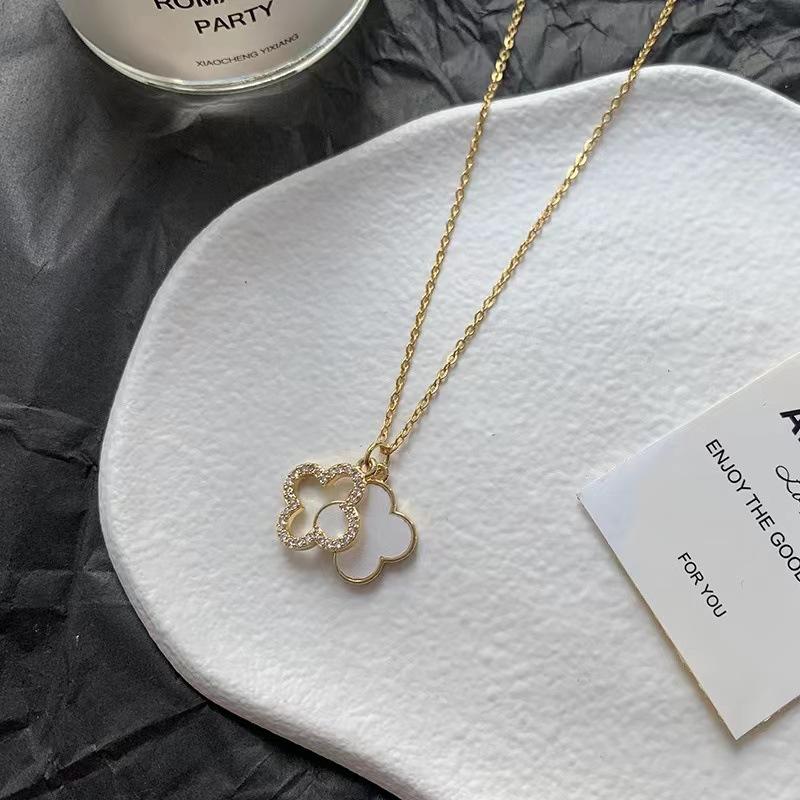 Elegant Clover Duo Pendant Necklace – Gold Plated Stainless Steel with Zircon Accents