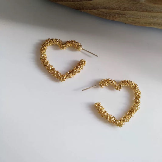 Golden Textured Heart Hoop Earrings – Alloy Statement Design