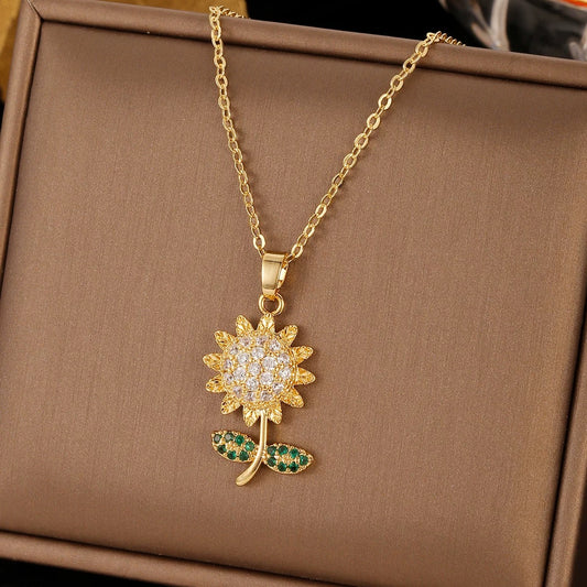Golden Sunflower Pendant Necklace – Gold Plated Stainless Steel with Zircon Crystals