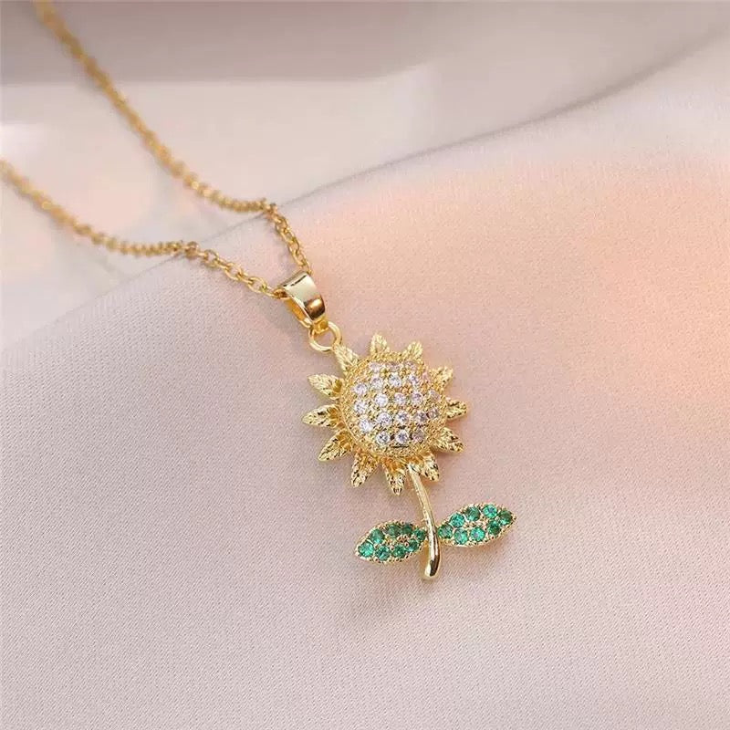 Golden Sunflower Pendant Necklace – Gold Plated Stainless Steel with Zircon Crystals