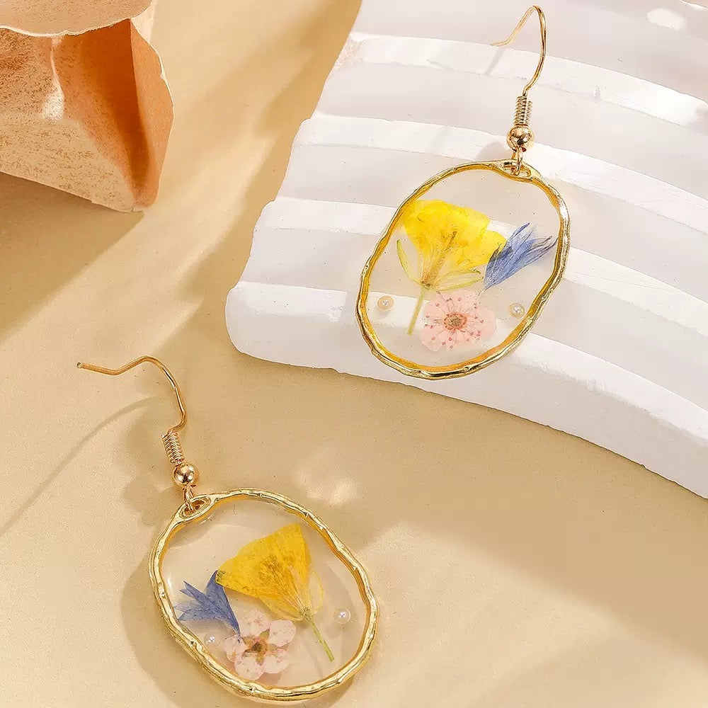 Mixed Wildflower Oval Drop Earrings