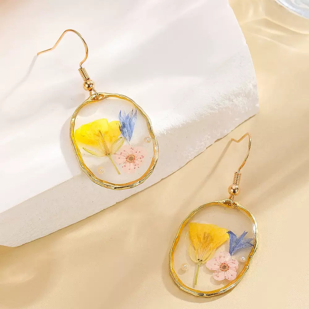 Mixed Wildflower Oval Drop Earrings