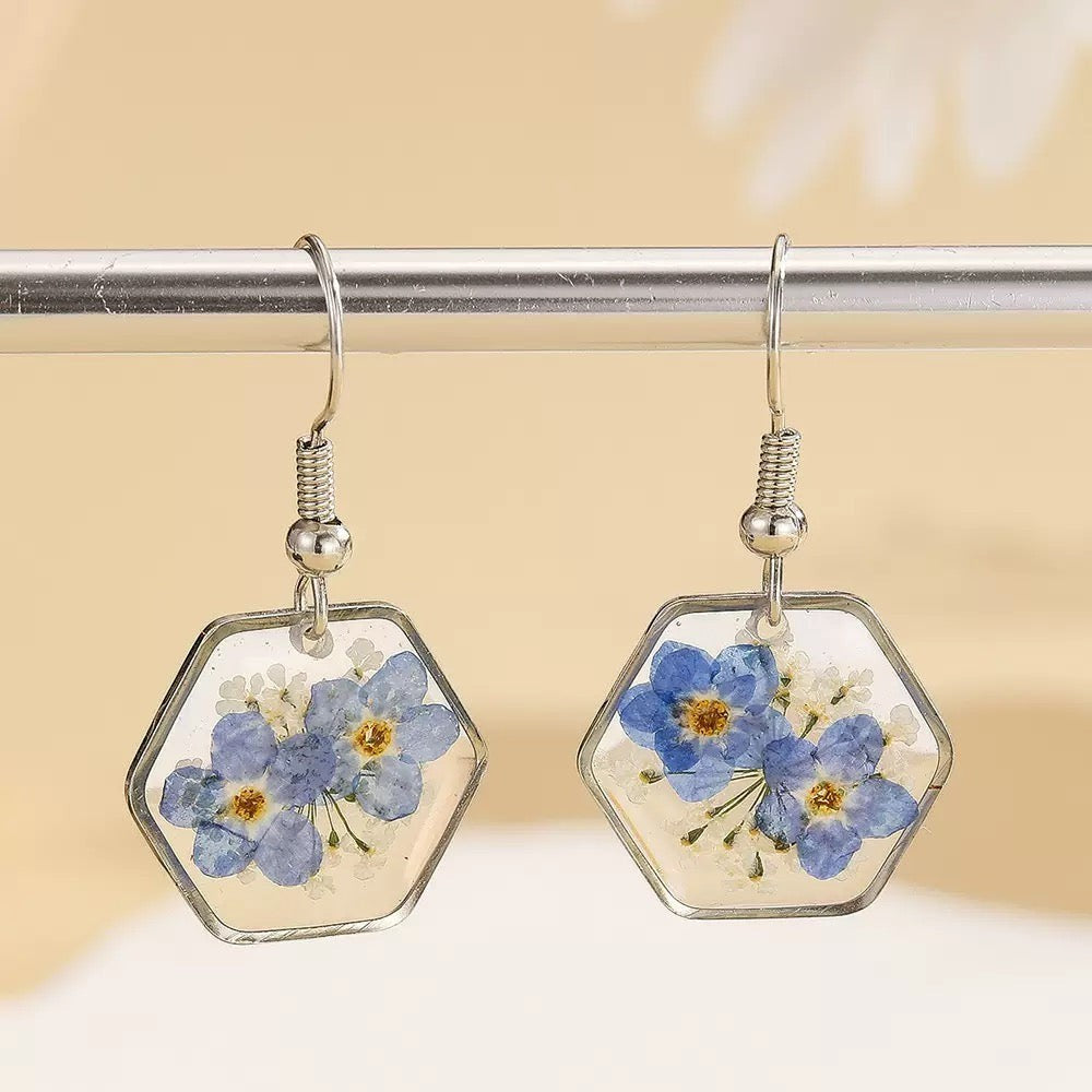 Blue Forget-Me-Not Hexagon Earrings