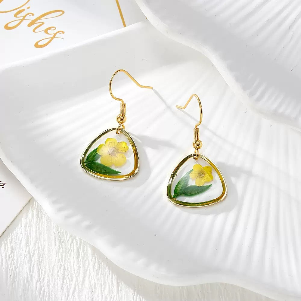 Green Leaf & Yellow Flower Triangle Earrings