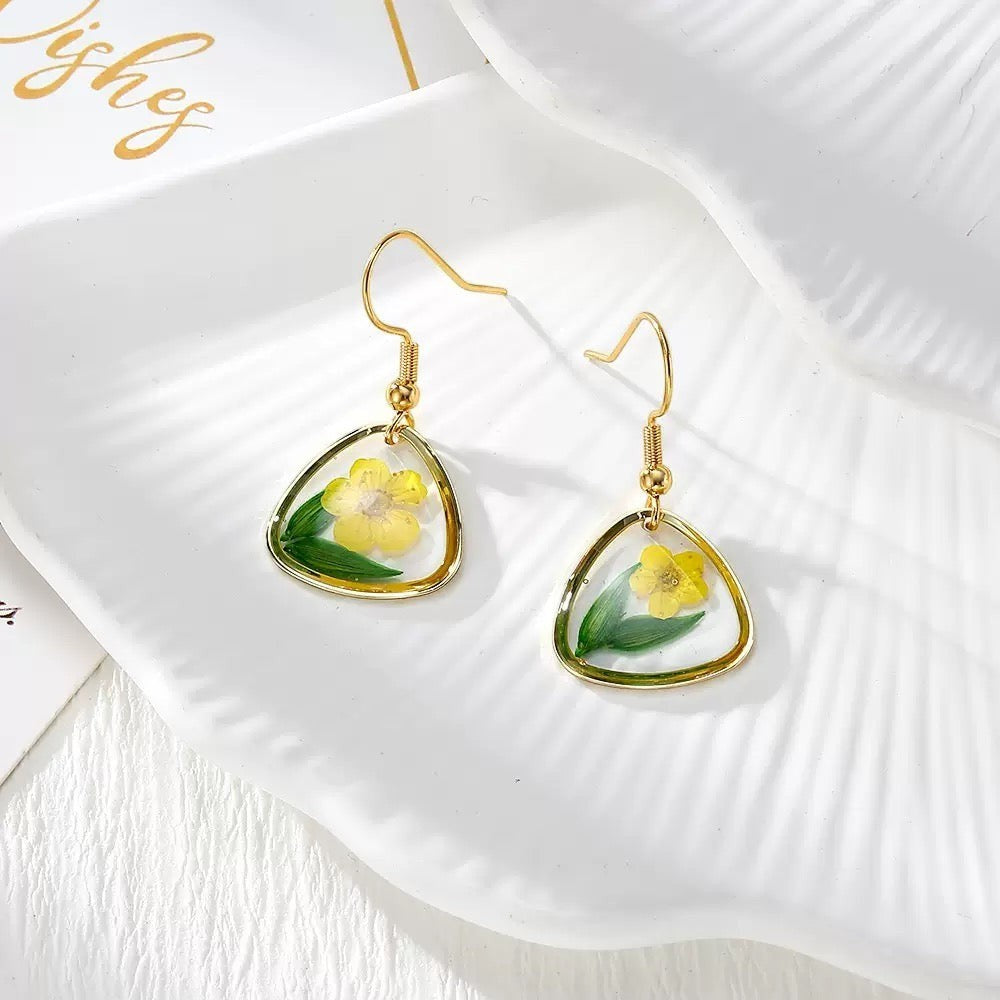 Green Leaf & Yellow Flower Triangle Earrings