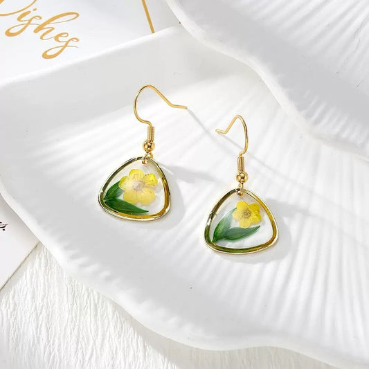 Green Leaf & Yellow Flower Triangle Earrings