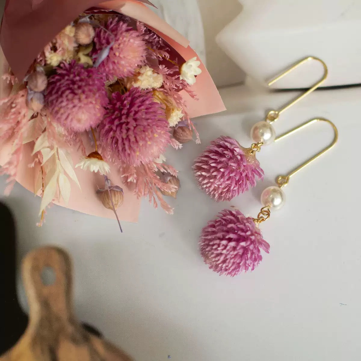 Pink Pom-Pom Dangle Earrings