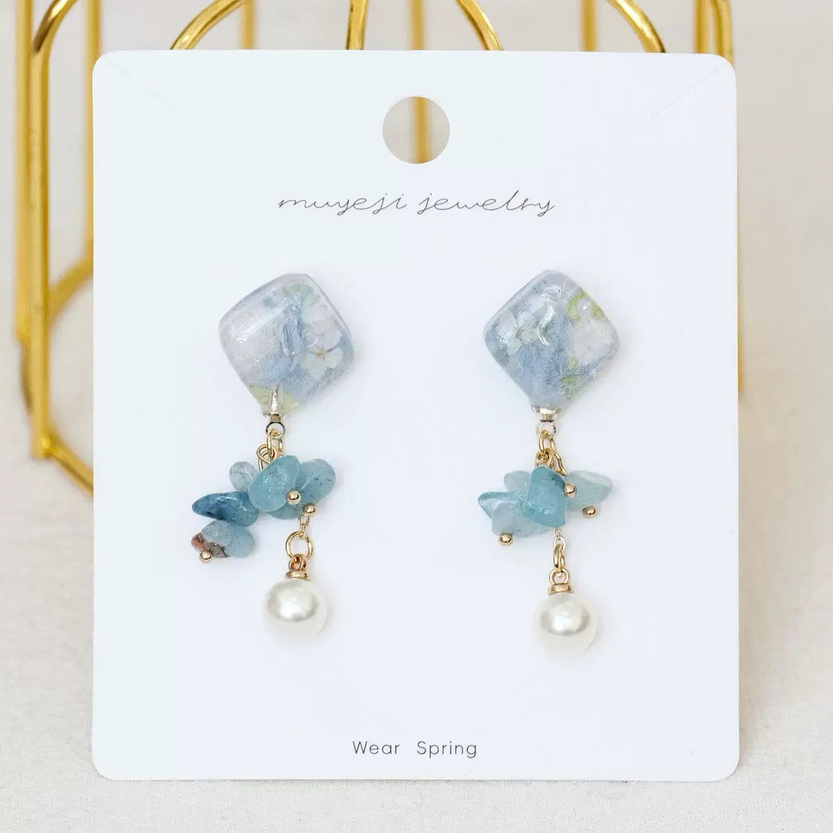 Blue Floral Square Drop Earrings