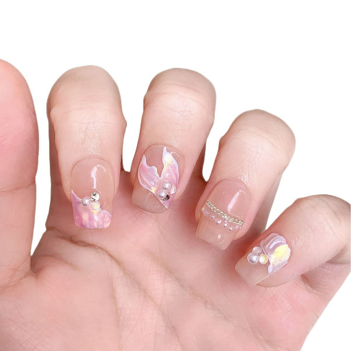Japanese Dreamy Nude Shell Aurora Glaze Press-On Nails (Tool Kit Included)