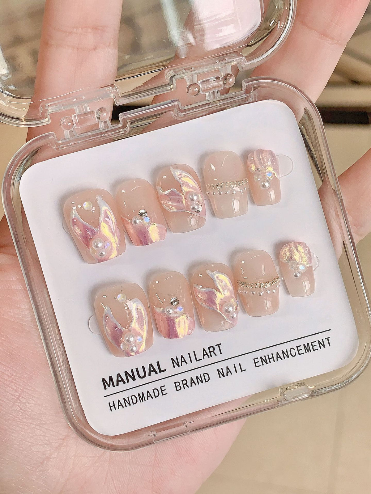 Japanese Dreamy Nude Shell Aurora Glaze Press-On Nails (Tool Kit Included)