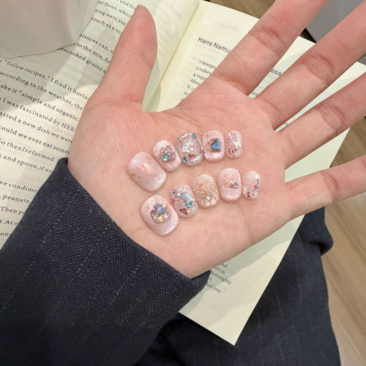 Japanese Dreamy Pink Blush Bow Pearl Hand-Painted Press-On Nails (Tool Kit Included)