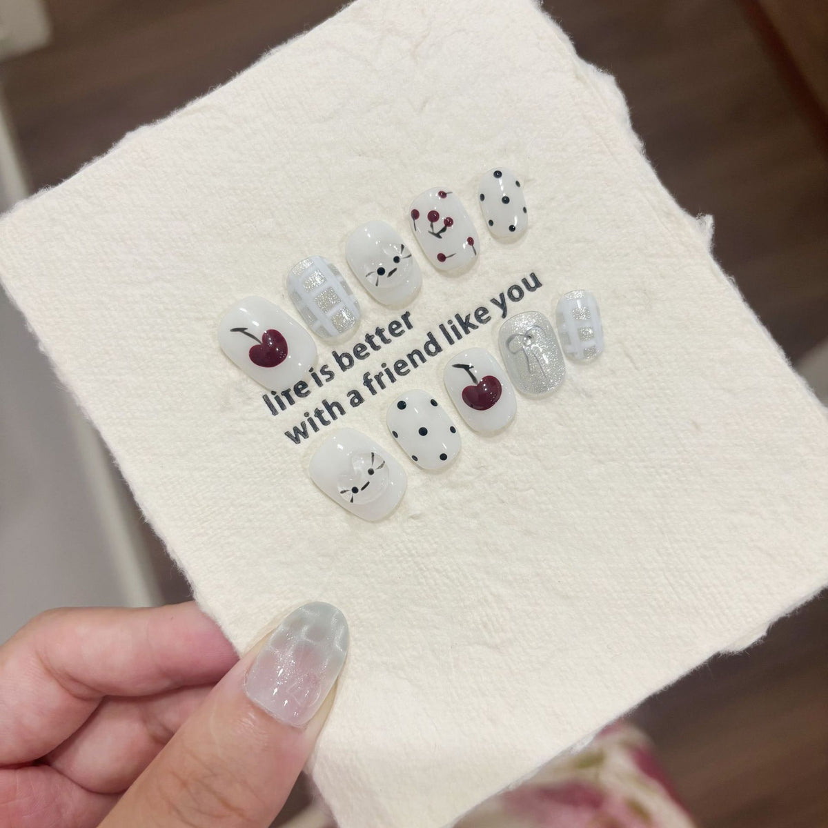 Kid Friendly Cute Cherry & Heart Polka Dot Press-On Nails (Tool Kit Included)