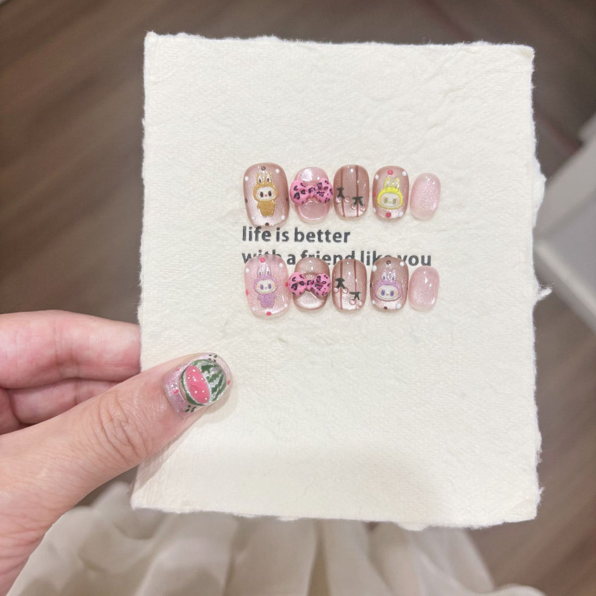 Kid Friendly Cute Soft Pink Labubu Character Press-On Nails (Tool Kit Included)
