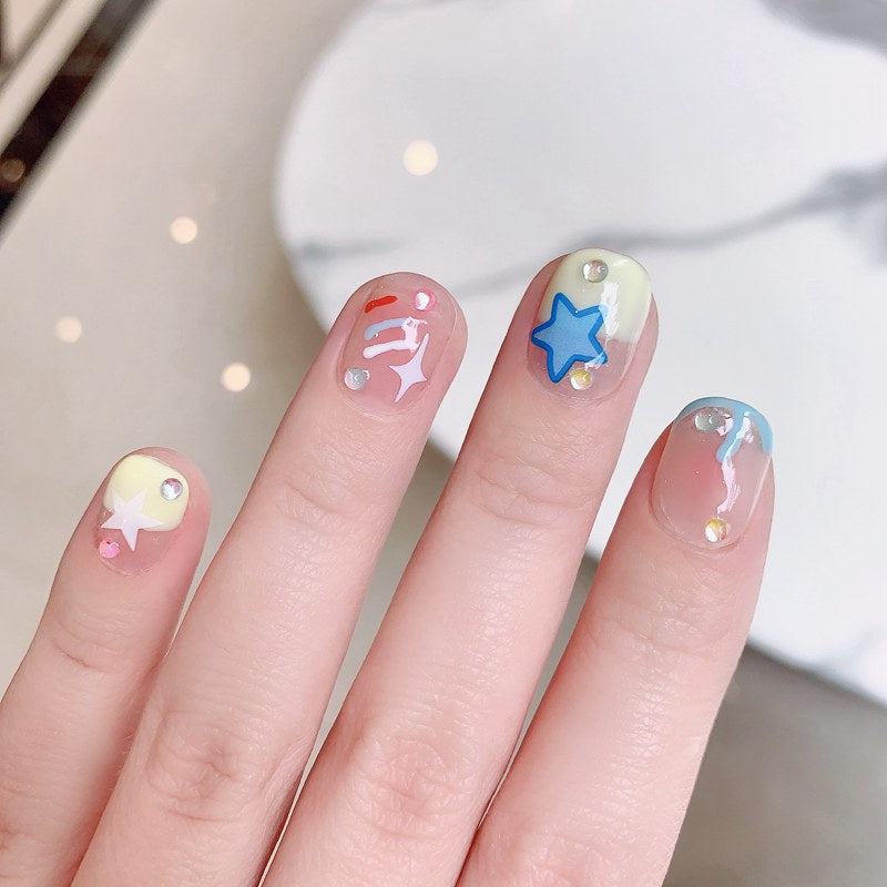 Kid Friendly Cute Pastel Moon & Star Rhinestone Press-On Nails (Tool Kit Included)