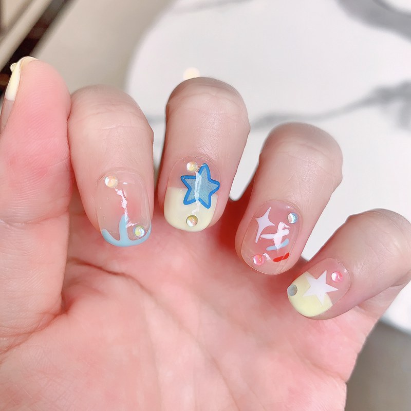 Kid Friendly Cute Pastel Moon & Star Rhinestone Press-On Nails (Tool Kit Included)