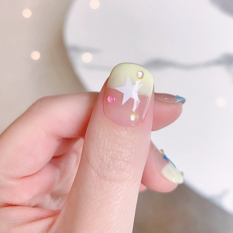 Kid Friendly Cute Pastel Moon & Star Rhinestone Press-On Nails (Tool Kit Included)