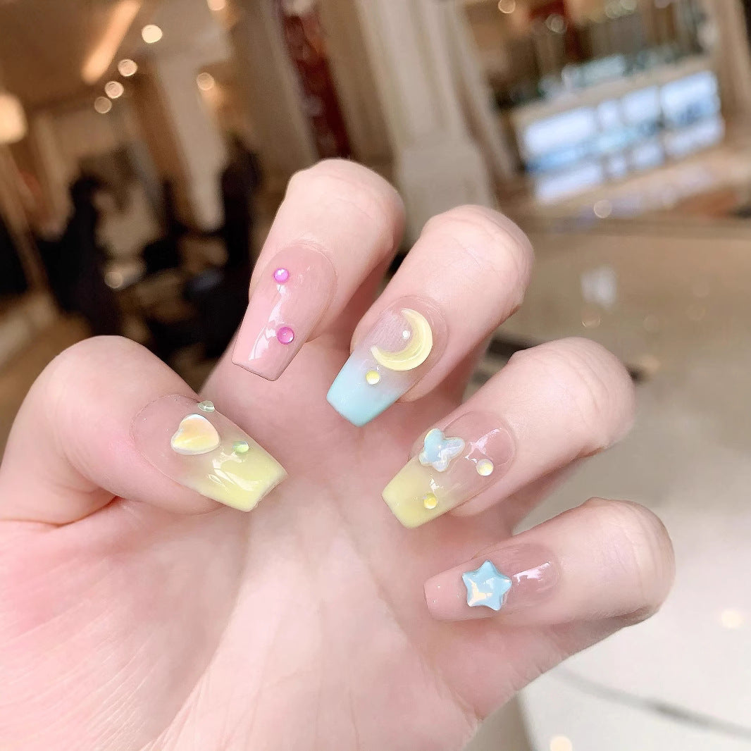 Kid Friendly Cute Sweet Moon Star Macaron Press-On Nails (Tool Kit Included)