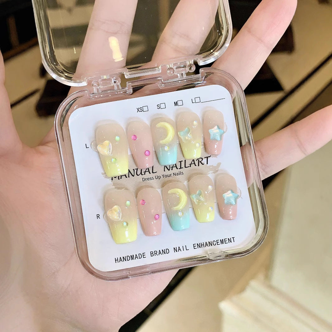 Kid Friendly Cute Sweet Moon Star Macaron Press-On Nails (Tool Kit Included)