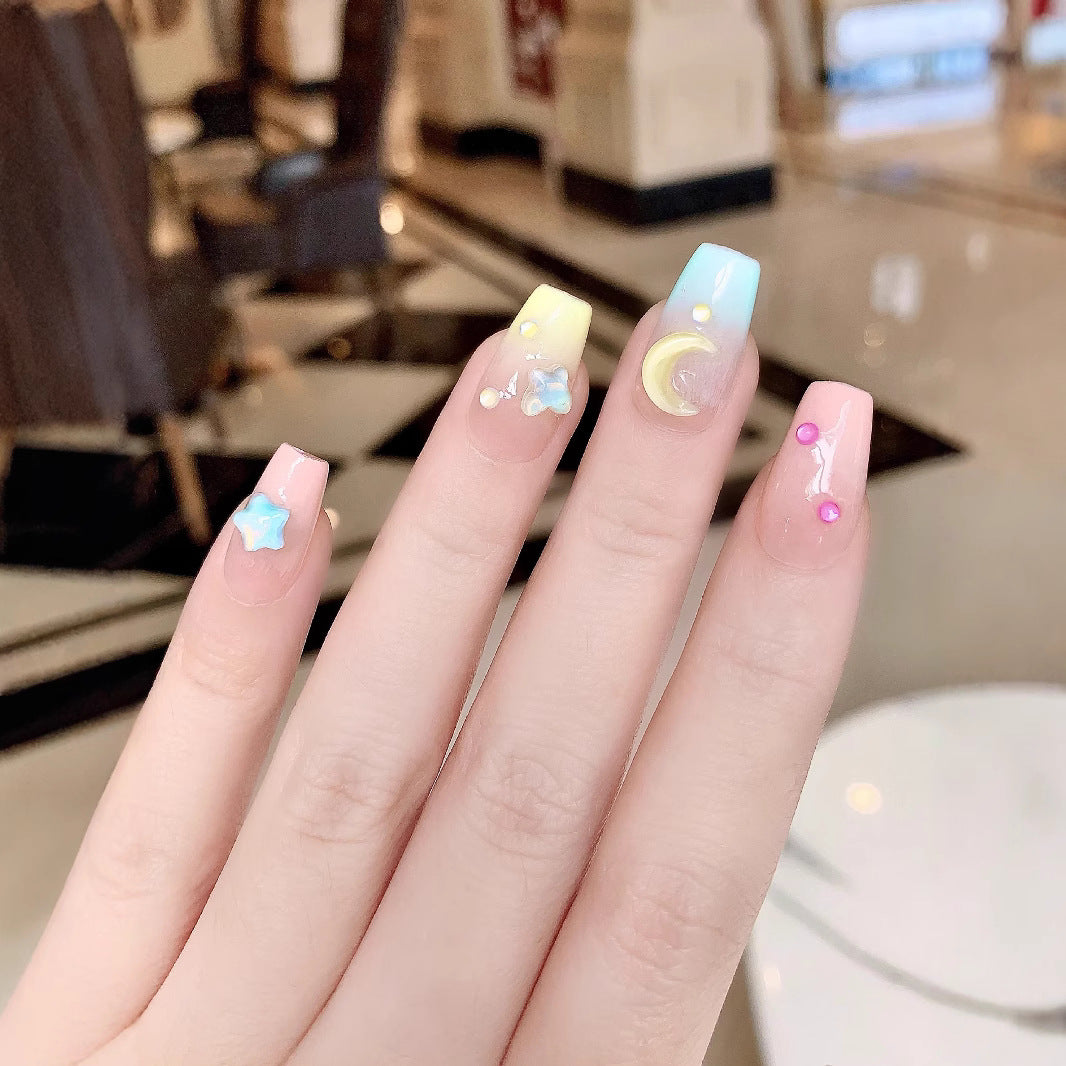 Kid Friendly Cute Sweet Moon Star Macaron Press-On Nails (Tool Kit Included)