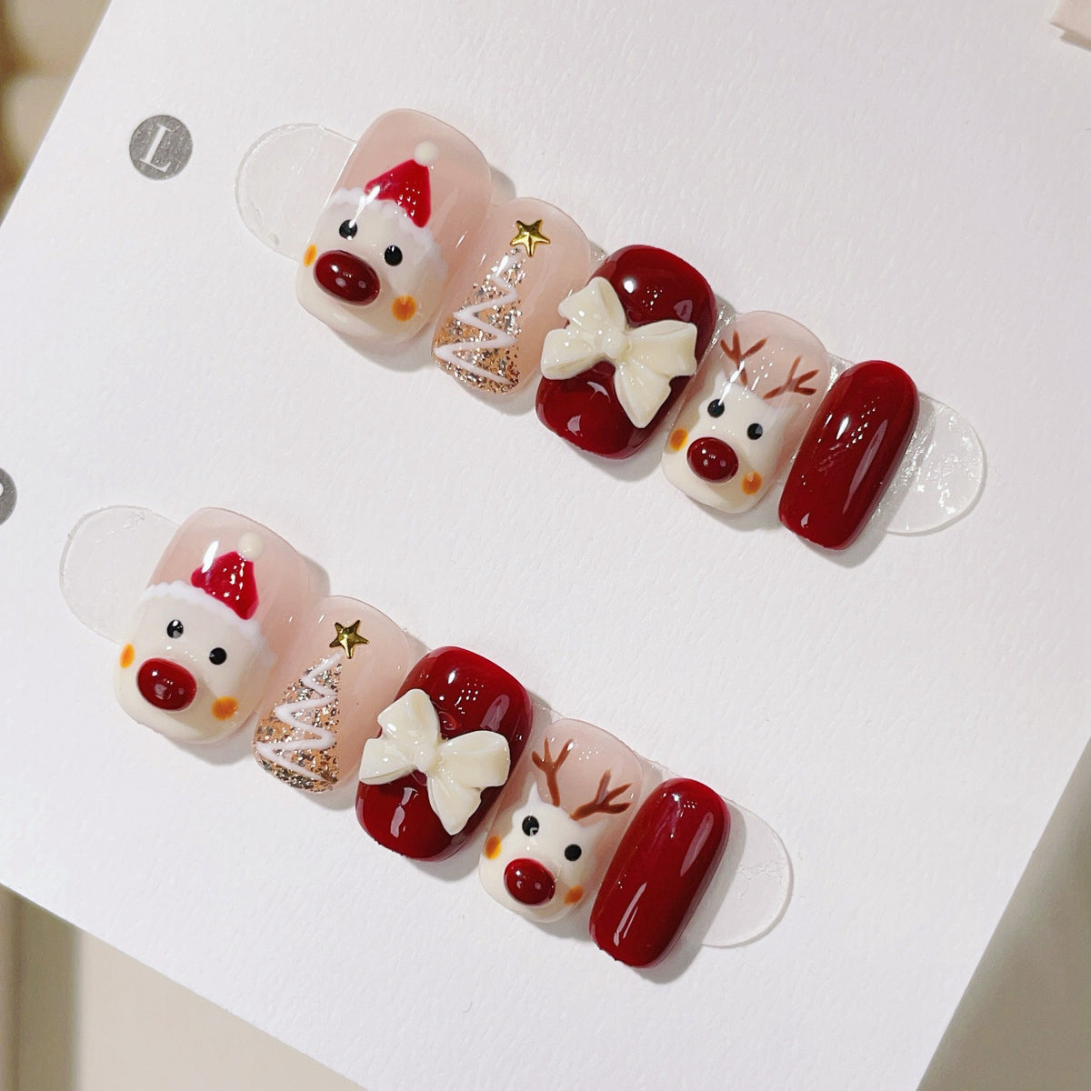 Seasonal & Festive Santa & Reindeer Pearl Bow Press-On Nails (Tool Kit Included)