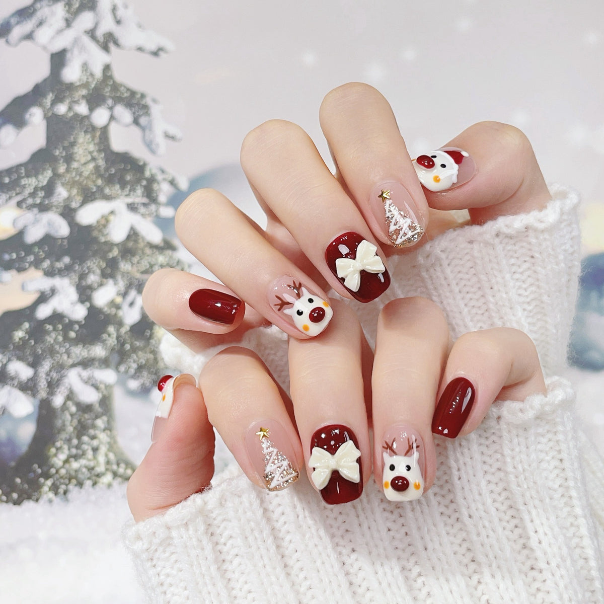 Seasonal & Festive Santa & Reindeer Pearl Bow Press-On Nails (Tool Kit Included)