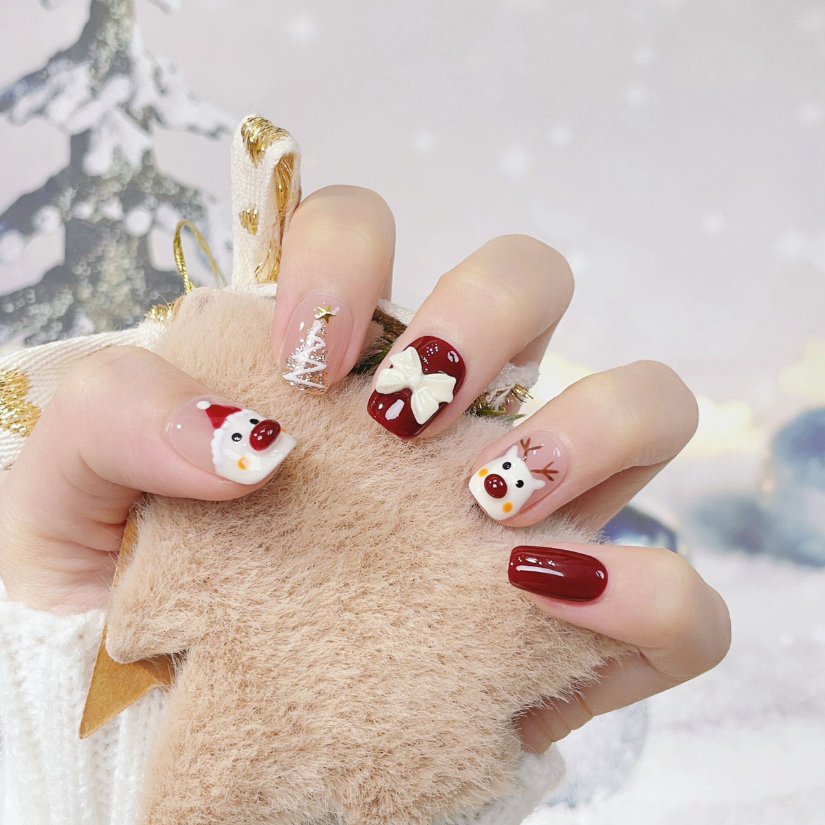 Seasonal & Festive Santa & Reindeer Pearl Bow Press-On Nails (Tool Kit Included)