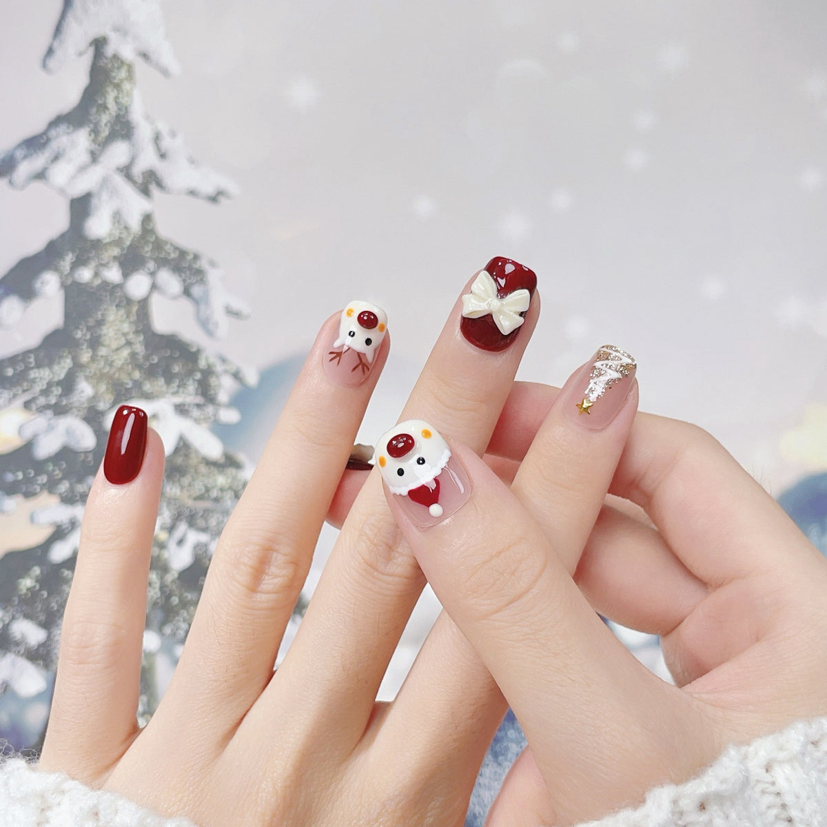 Seasonal & Festive Santa & Reindeer Pearl Bow Press-On Nails (Tool Kit Included)