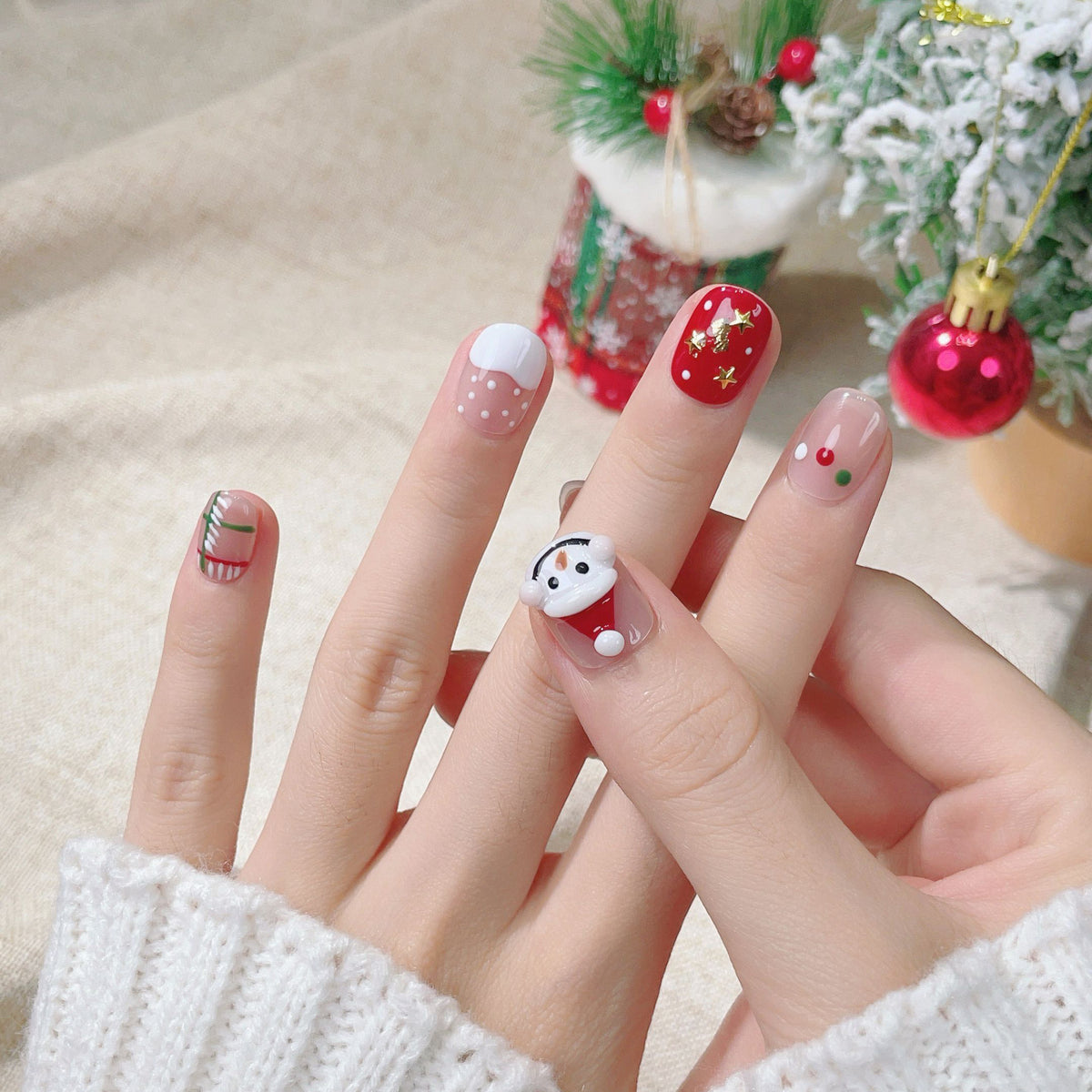 Seasonal & Festive Snowman & Christmas Tree Glitter Press-On Nails (Tool Kit Included)