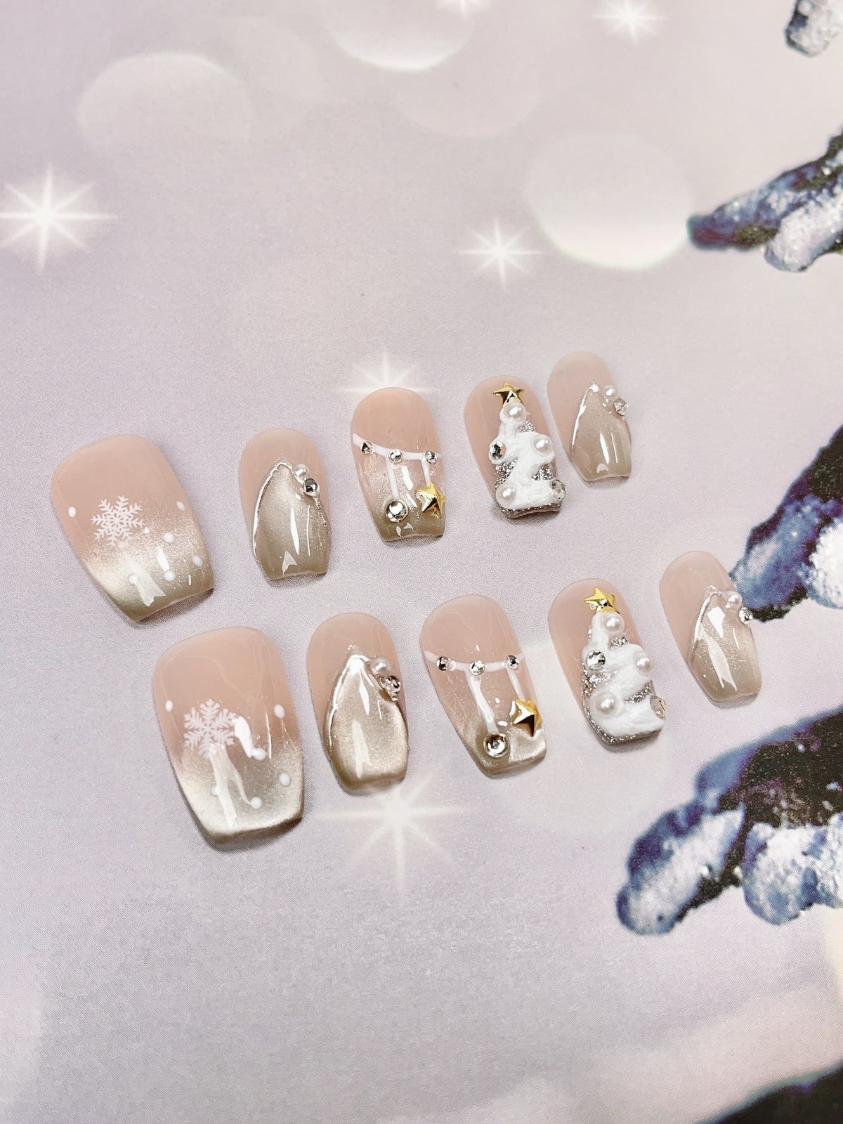 Seasonal & Festive Silver Shimmer Snowflake Press-On Nails (Tool Kit Included)