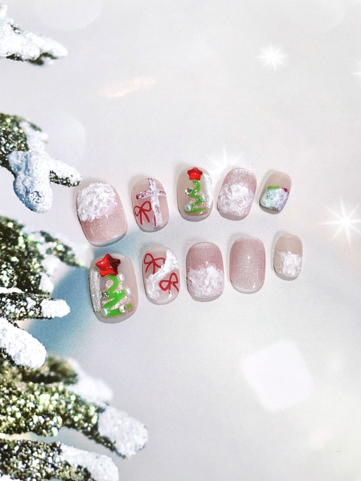 Seasonal & Festive Pastel Christmas Wreath Sweater Press-On Nails (Tool Kit Included)