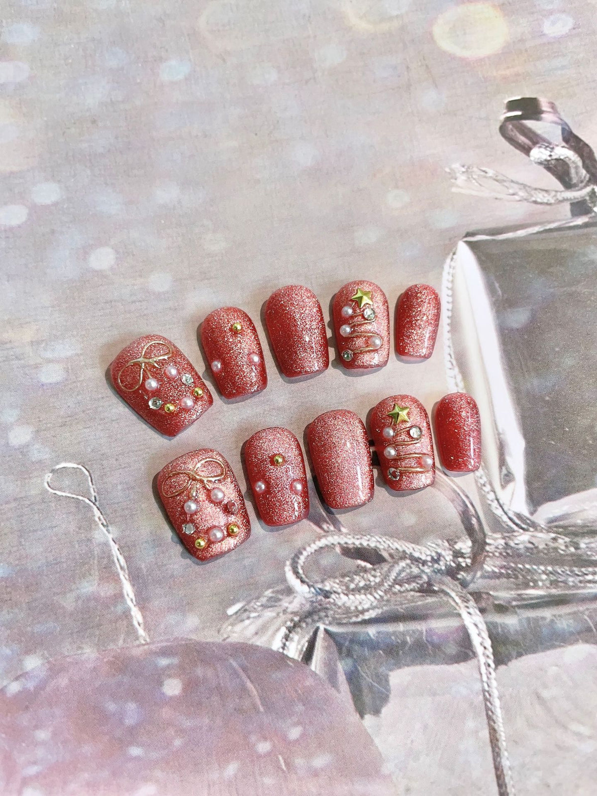 Seasonal & Festive Cozy Rose Gold Sweater Knit Press-On Nails (Tool Kit Included)
