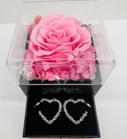 Eternal Love Preserved Rose Jewelry Box with Heart Alloy Earrings