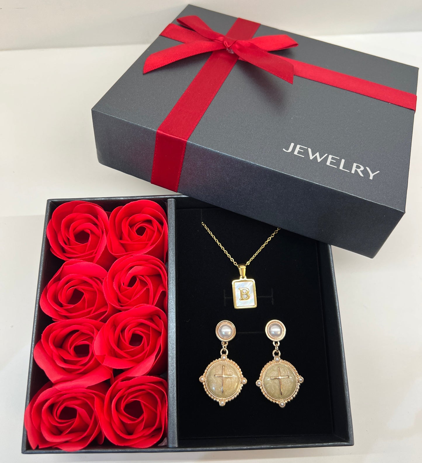 Luxury Jewelry & Rose Soap Gift Box – "B" Initial Necklace & Cross Earrings Set