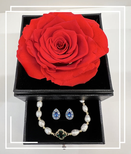 Preserved Real Rose  Rose Gift Box with Pearl Bracelet & Blue Crystal Earrings