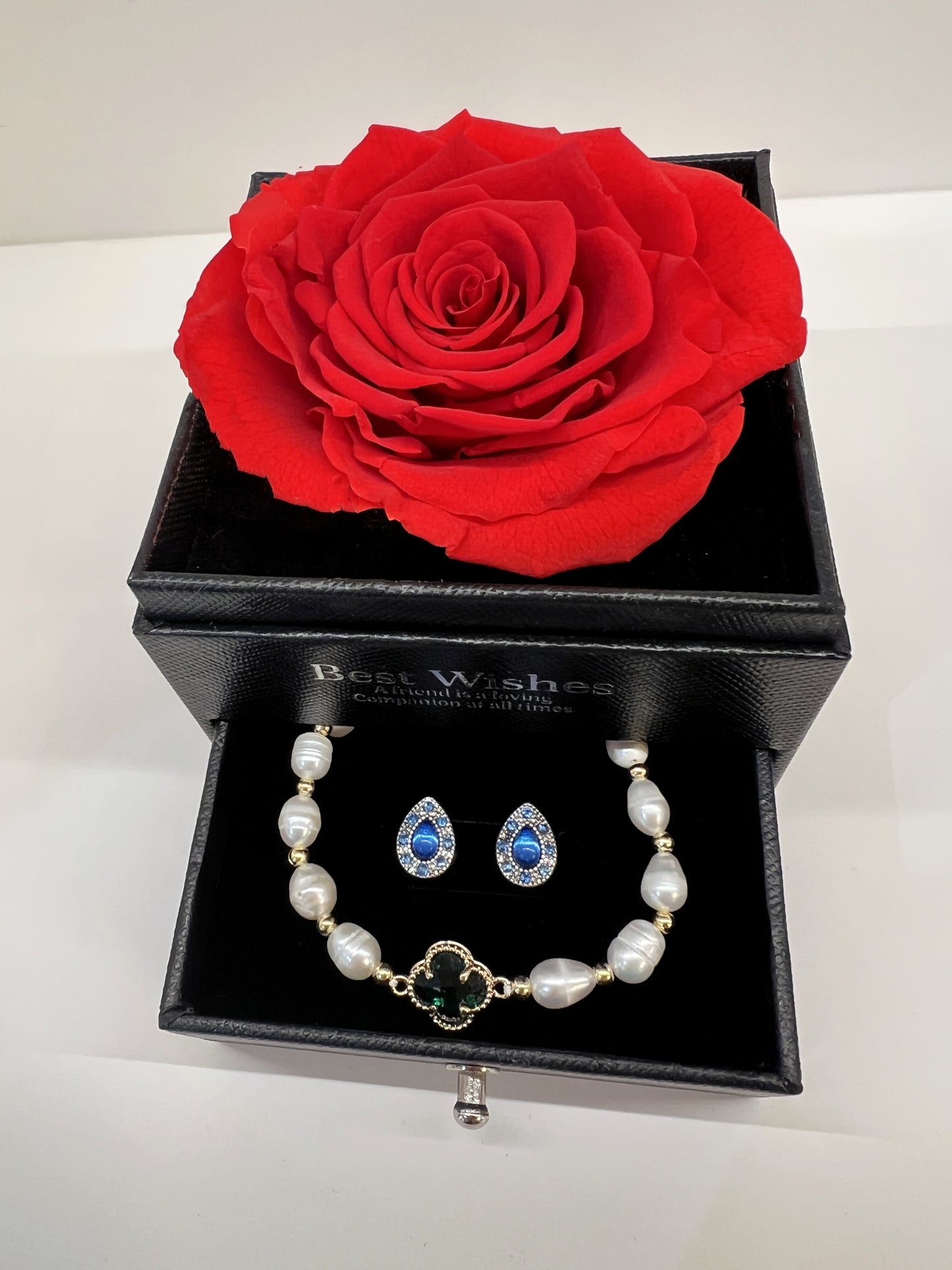 Preserved Real Rose  Rose Gift Box with Pearl Bracelet & Blue Crystal Earrings