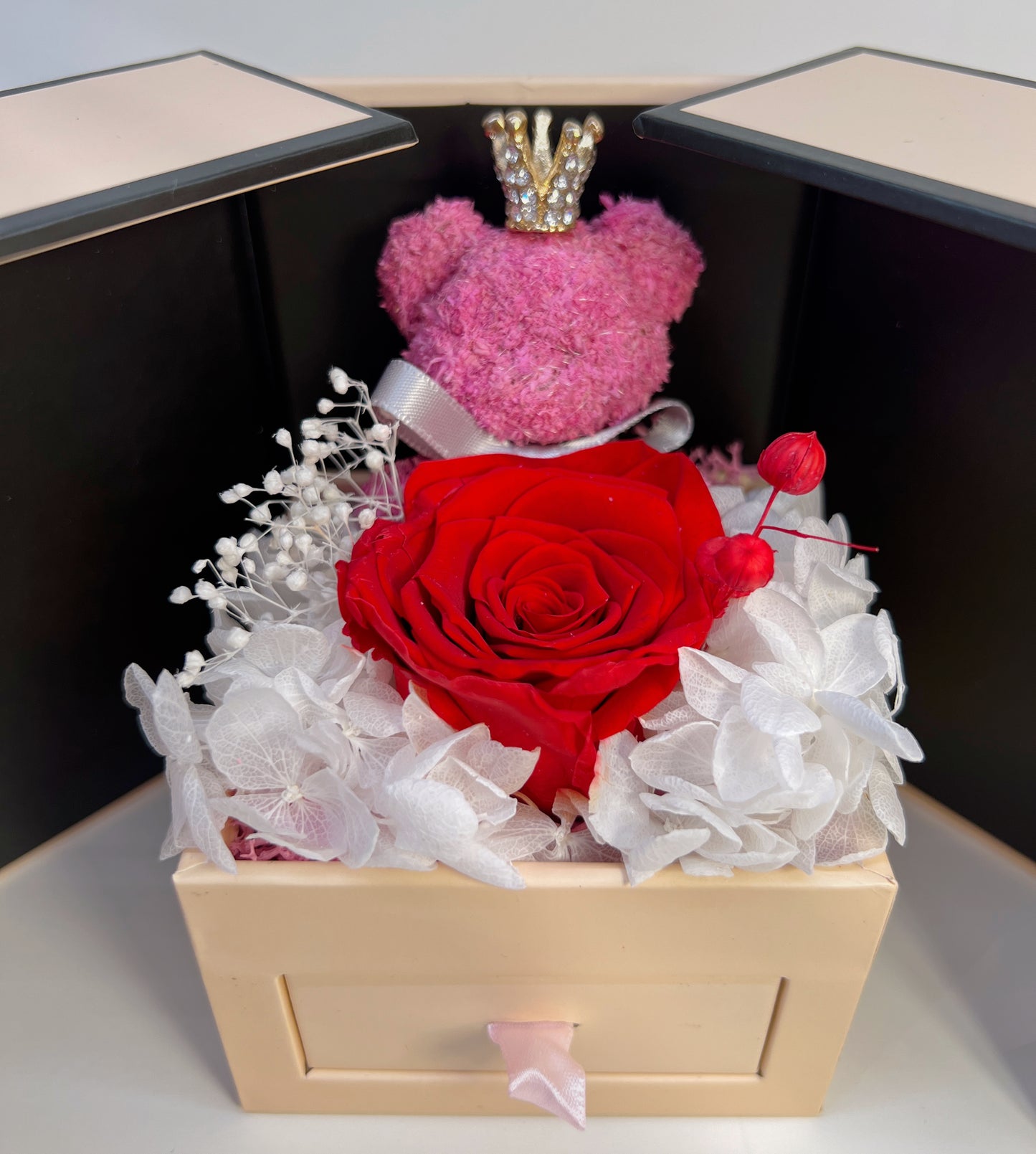 Red Forever Rose &amp; Moss Teddy Jewelry Box – Handmade Gift Edition