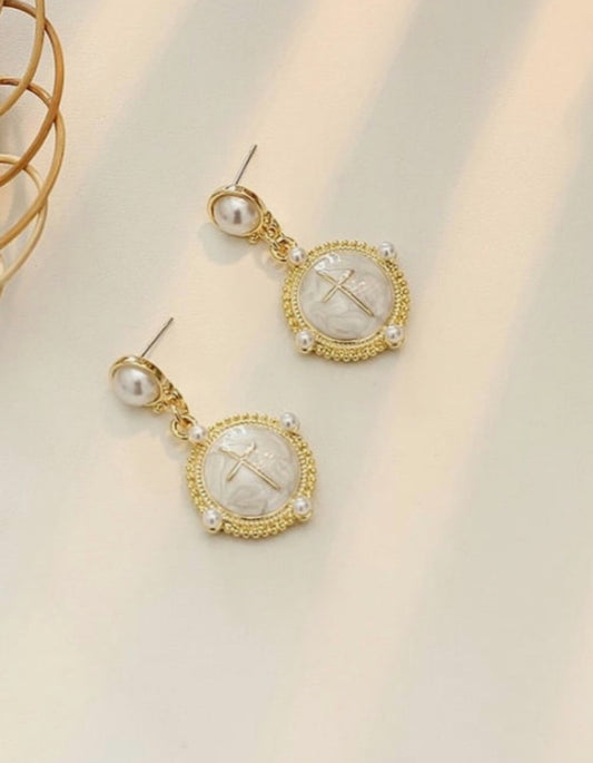 Vintage Cross Medallion Pearl Drop Earrings