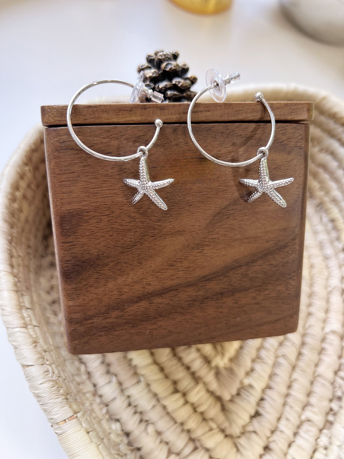 Silver Starfish Charm Hoop Earrings