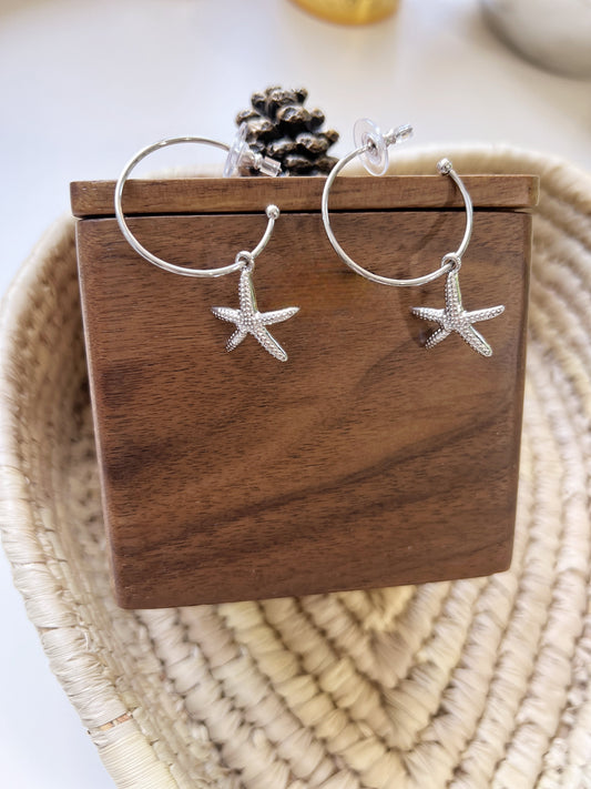 Silver Starfish Charm Hoop Earrings