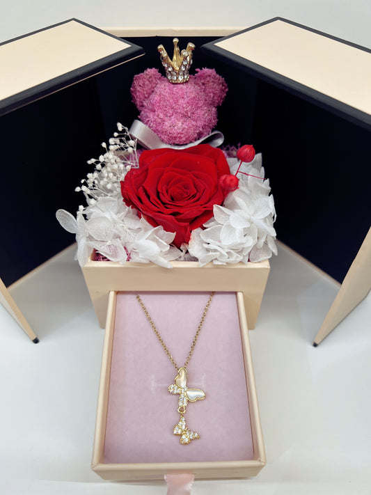 Preserved Real Rose Jewelry Gift Box with Gold Butterfly Pendant Necklace