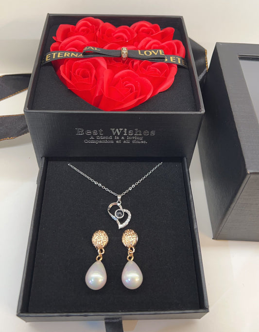 Eternal Love Jewelry &amp; Rose Soap Gift Box – Heart Necklace &amp; Teardrop Pearl Earrings