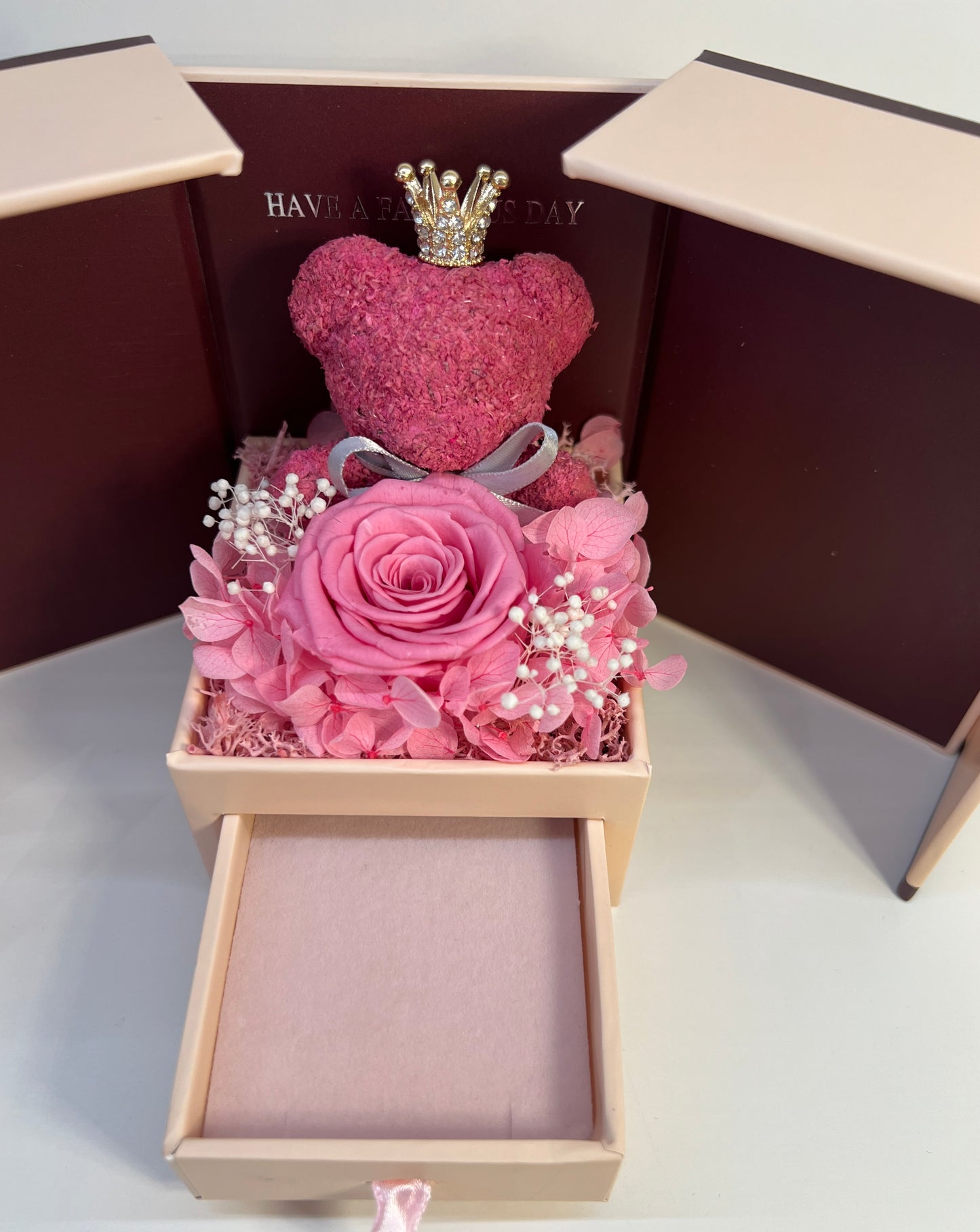 Pink Forever Rose &amp; Moss Teddy Jewelry Box – Handmade Gift Edition