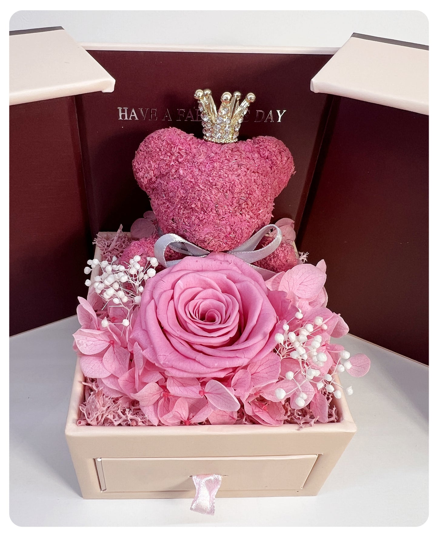 Pink Forever Rose &amp; Moss Teddy Jewelry Box – Handmade Gift Edition