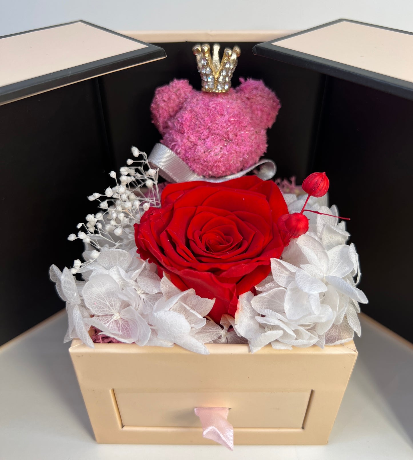 Red Forever Rose &amp; Moss Teddy Jewelry Box – Handmade Gift Edition