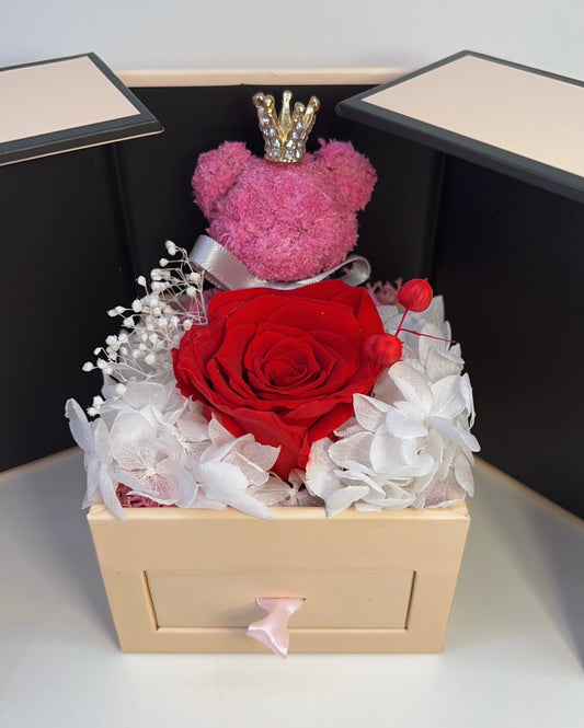 Red Forever Rose &amp; Moss Teddy Jewelry Box – Handmade Gift Edition