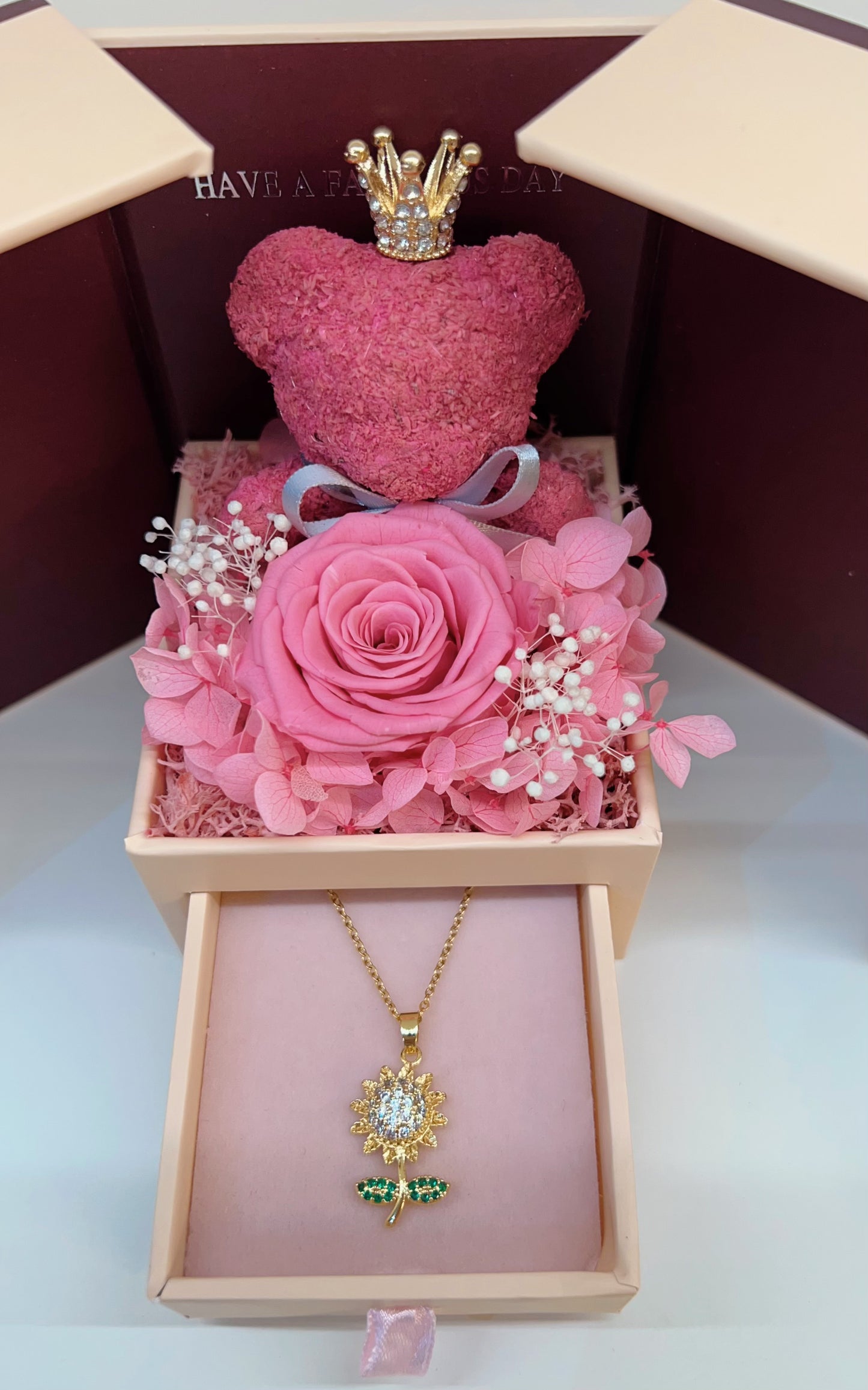 Pink Forever Rose &amp; Moss Teddy Jewelry Box – Handmade Gift Edition