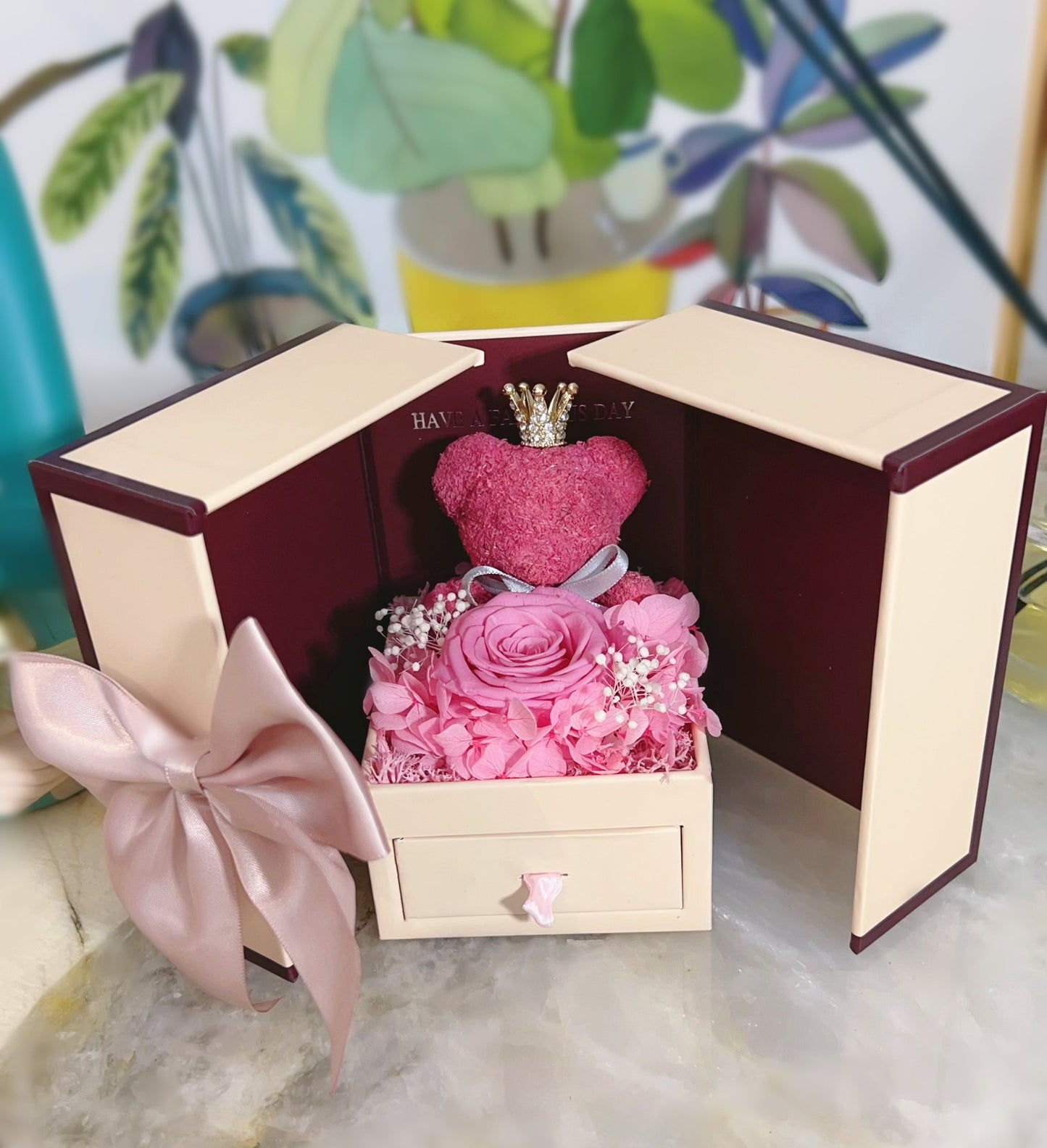 Pink Forever Rose &amp; Moss Teddy Jewelry Box – Handmade Gift Edition