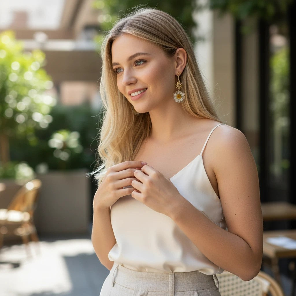 Alyssa's House cream rose drop earrings with gold-tone chain worn by a blonde woman in a white silk camisole.